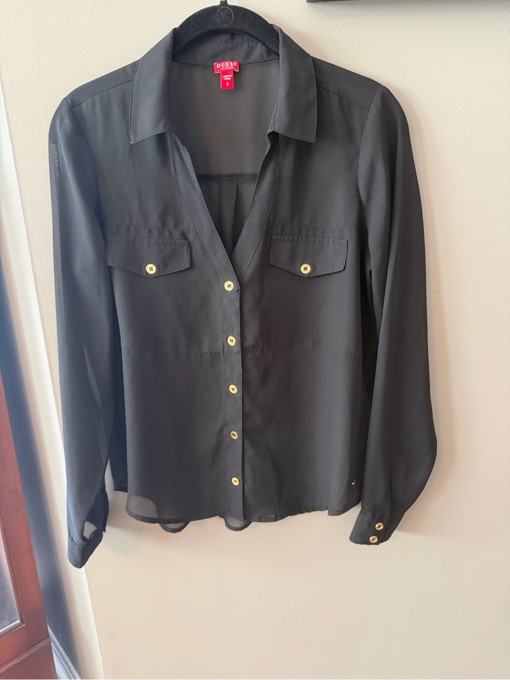 Guess Sheer Button-Down Black Long-Sleeve Shirt with Gold Buttons. Small